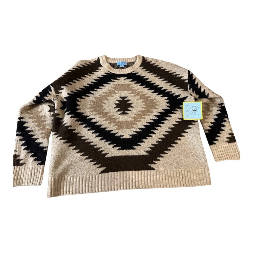CeCe Women's Cozy Crewneck Aztec Long Sleeve Cream Black Sweater,Size Small NWT